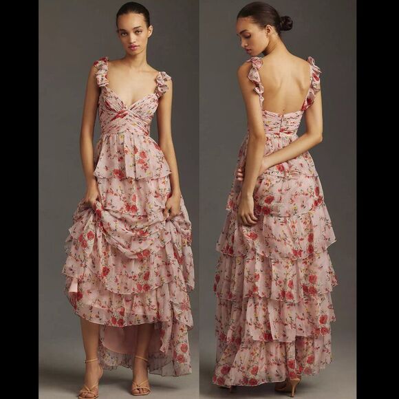 Mac Duggal 55816 Size 14 Pink Ruffled Sleeveless Tiered Floral Maxi Dress Gown - Picture 1 of 12